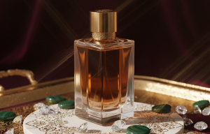 tangan elegan memegang botol parfum mewah dengan latar velvet untuk nuansa lifestyle premium