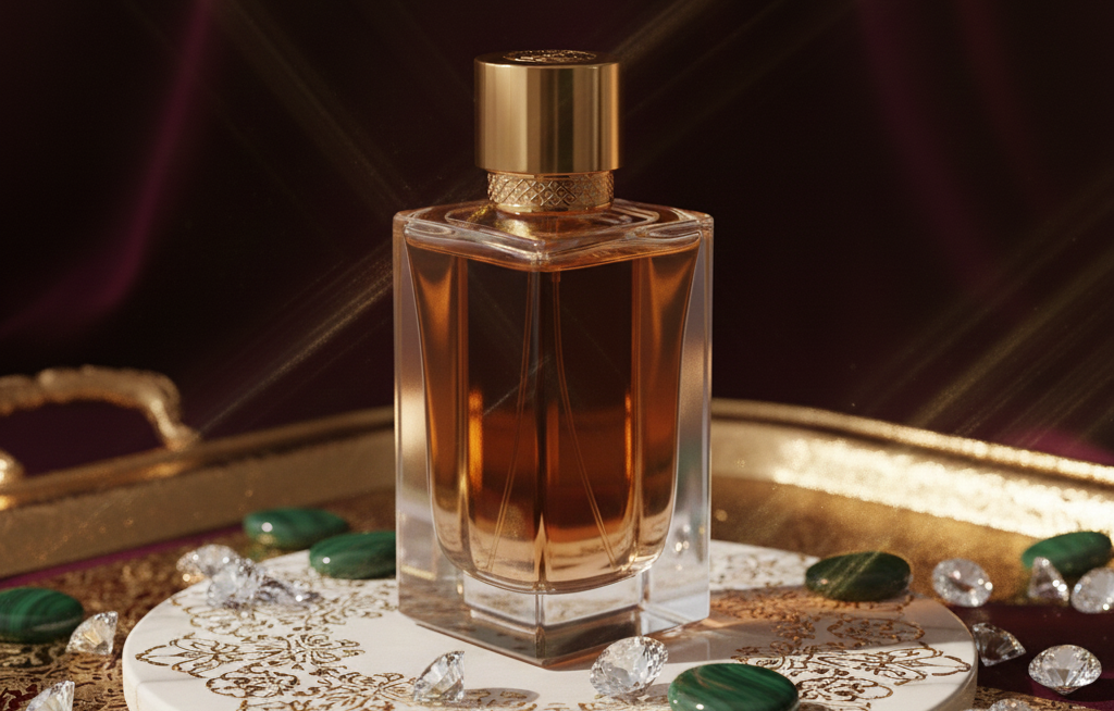 tangan elegan memegang botol parfum mewah dengan latar velvet untuk nuansa lifestyle premium