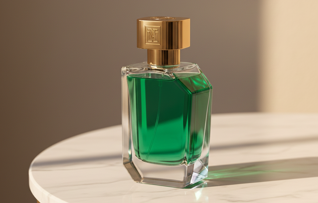 botol parfum mewah di atas meja marmer dengan lighting emas lembut untuk penekanan kualitas premium