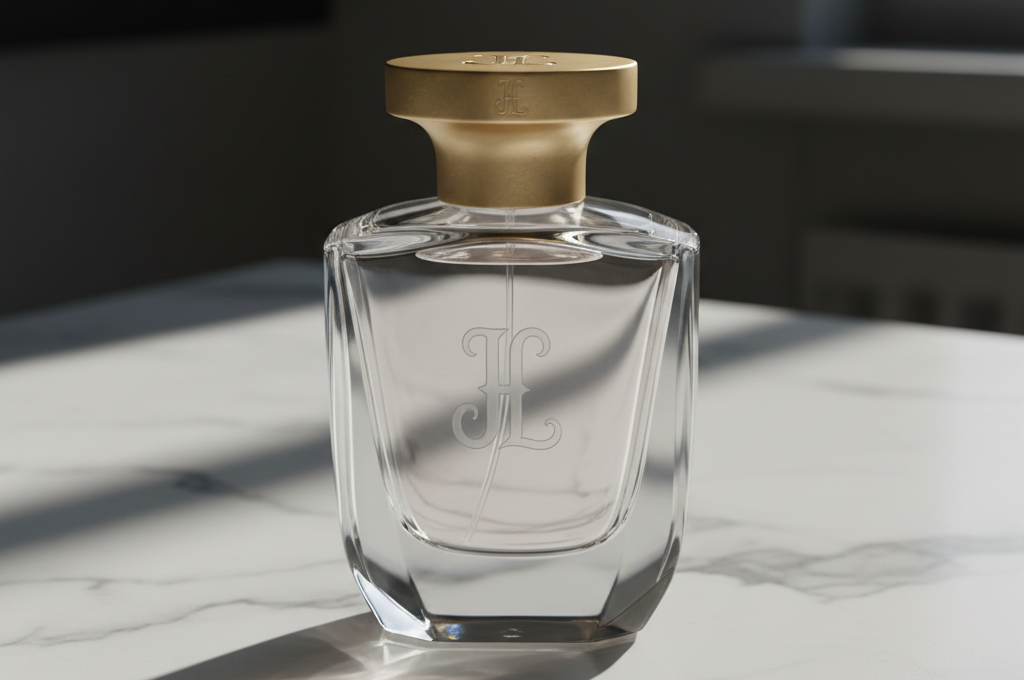 botol parfum custom dengan ukiran monogram dan desain unik yang menonjolkan eksklusivitas brand