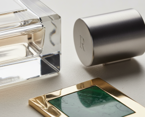 close-up material premium untuk packaging parfum berupa kaca tebal dan tutup metal satin