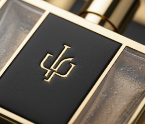detail finishing packaging parfum seperti emboss logo, frosted glass, dan metalized gold premium