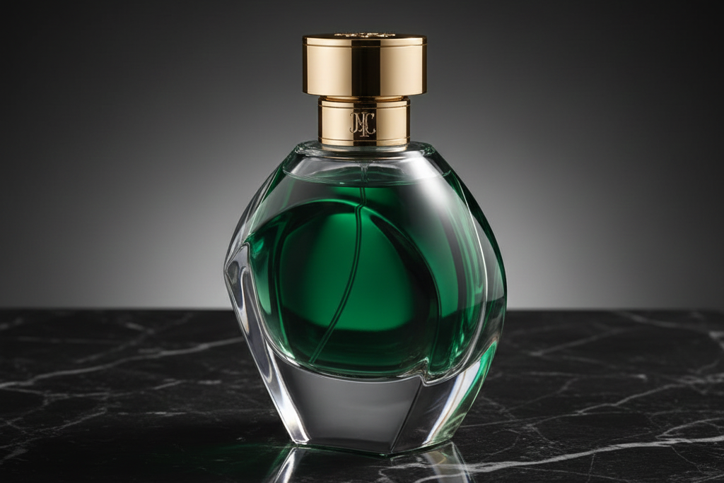botol parfum premium dalam setup studio profesional dengan pencahayaan lembut dan refleksi elegan