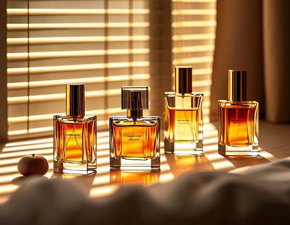 Botol parfum mewah berbahan kaca tebal dengan pencahayaan elegan sebagai contoh packaging parfum profesional