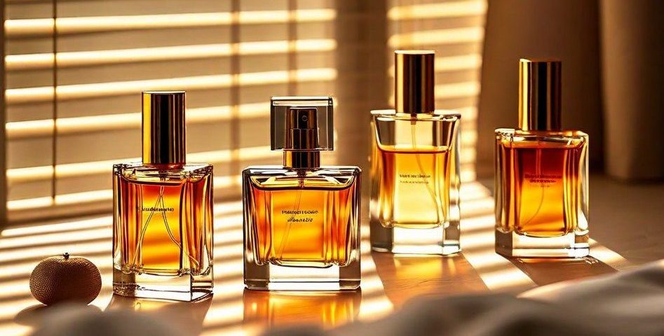 Botol parfum mewah berbahan kaca tebal dengan pencahayaan elegan sebagai contoh packaging parfum profesional
