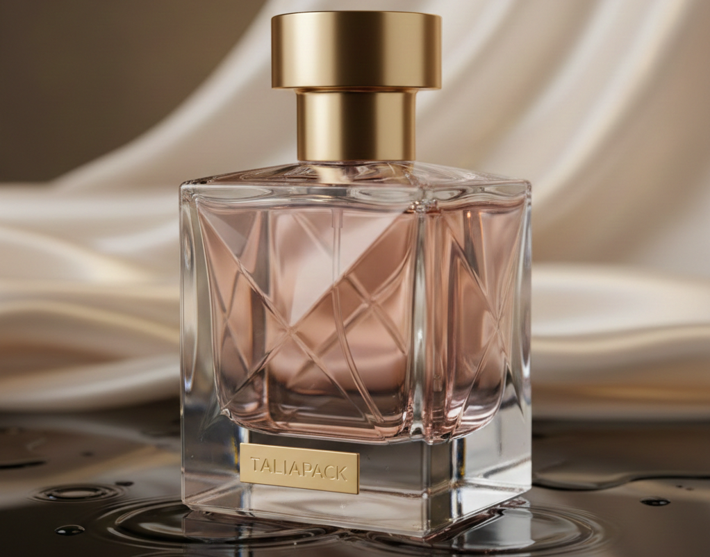 Detail botol parfum kaca tebal dengan tutup metal premium