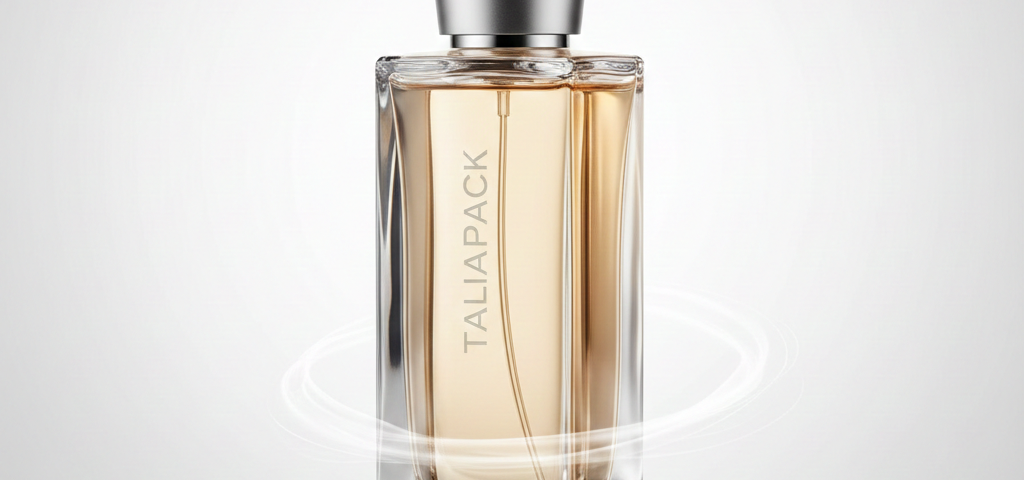 Botol parfum kaca premium dengan desain elegan di studio minimalis