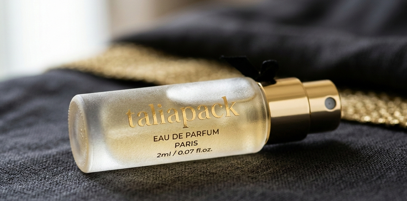 Detail printing logo emas pada botol sample parfum kaca