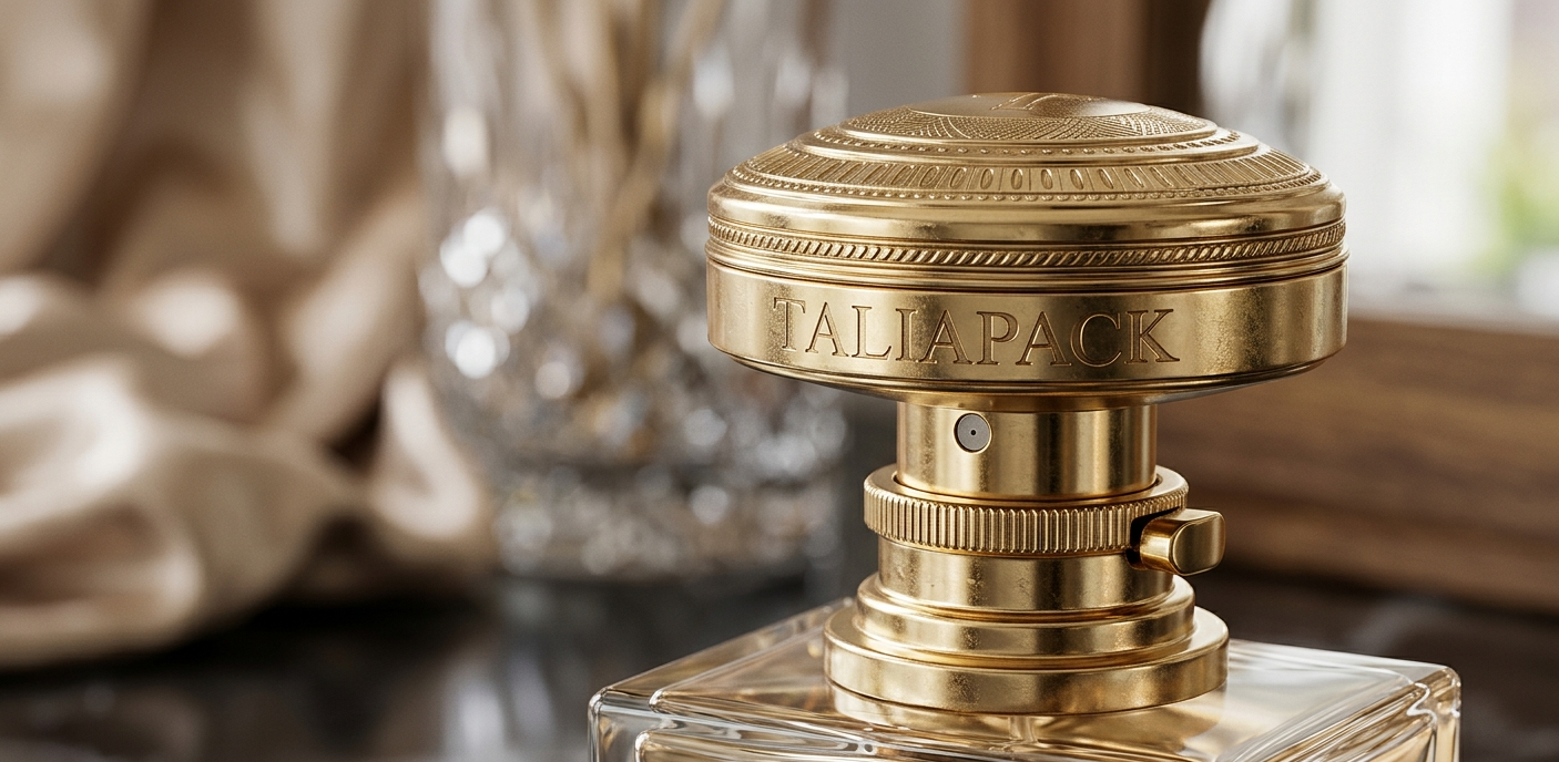 detail tutup dan sprayer botol parfum dengan finishing metal eksklusif