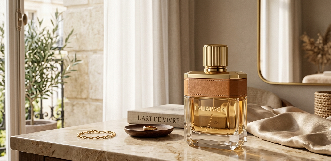 botol parfum premium di meja marmer dengan nuansa mewah dan elegan