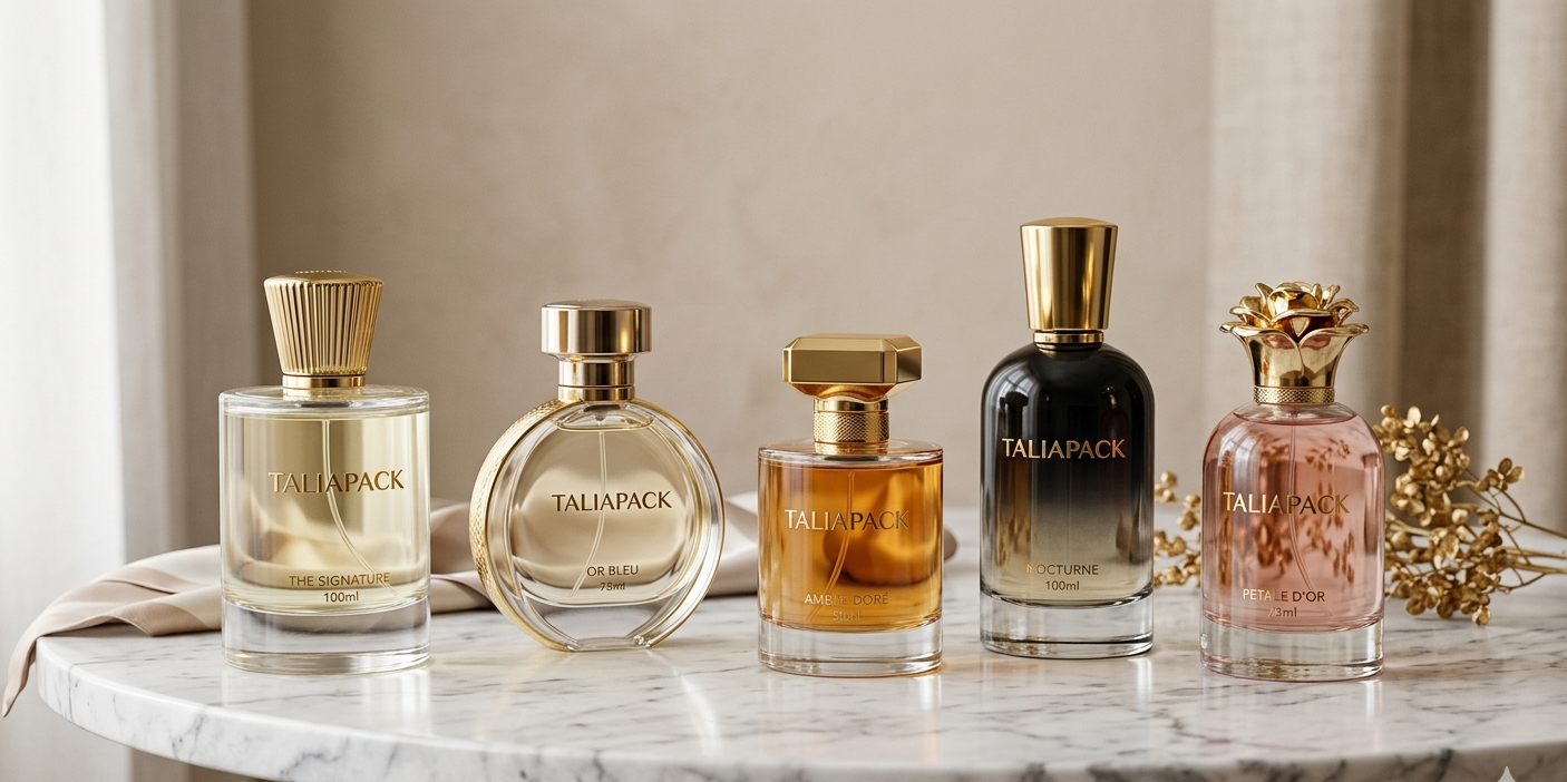 koleksi botol parfum premium dengan desain elegan di atas meja marmer