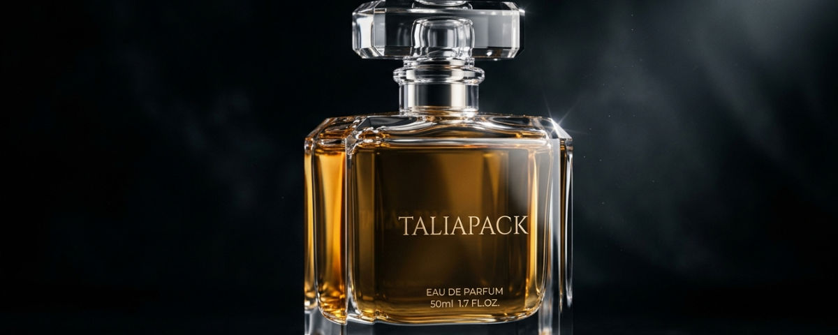 botol parfum premium dengan kaca tebal dan desain elegan di latar gelap