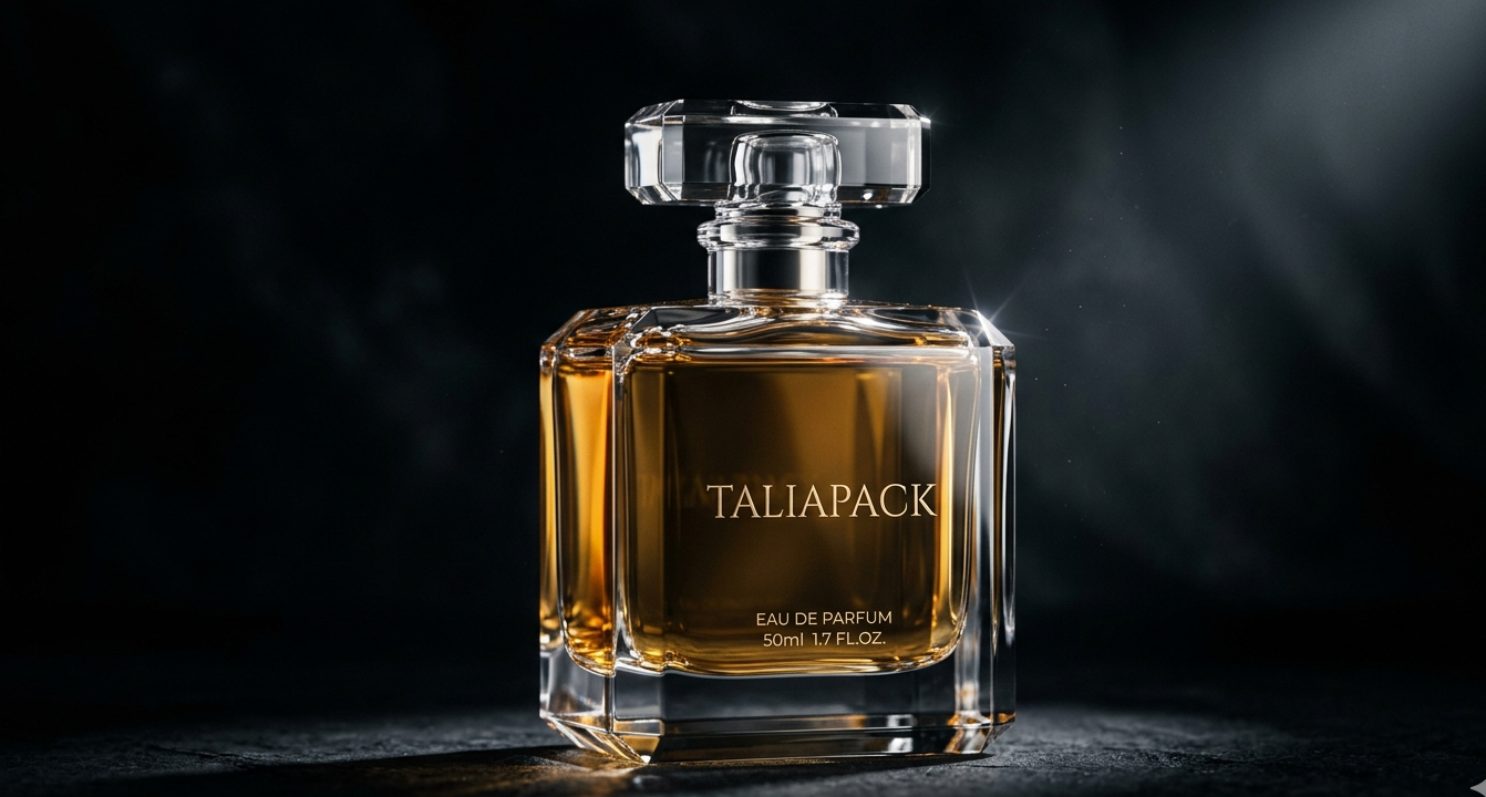 botol parfum premium dengan kaca tebal dan desain elegan di latar gelap