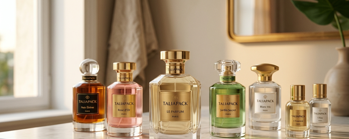 Botol parfum premium dengan desain elegan dan pencahayaan mewah