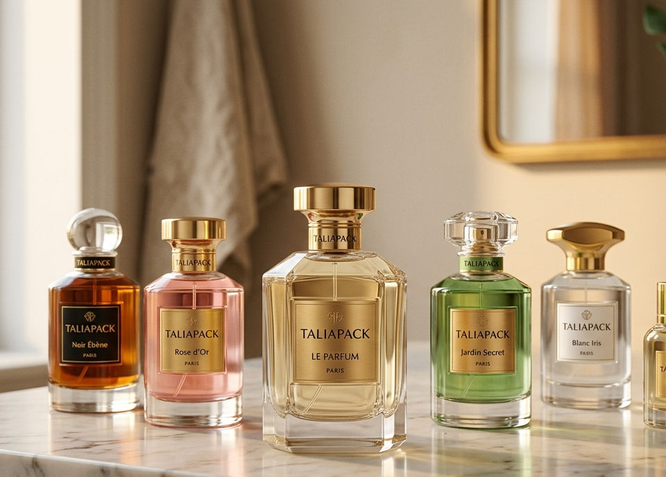 Botol parfum premium dengan desain elegan dan pencahayaan mewah