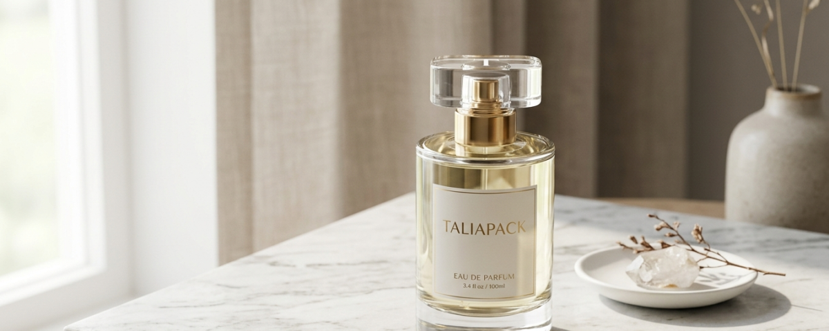 botol parfum premium dengan desain minimalis dan pencahayaan mewah