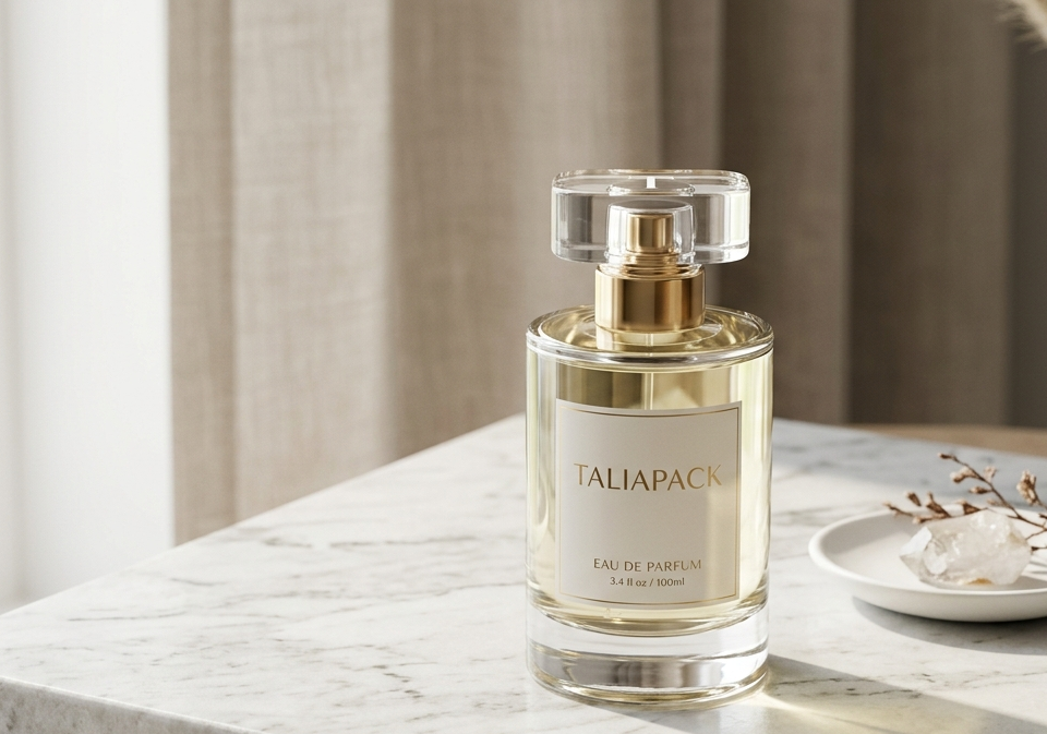 botol parfum premium dengan desain minimalis dan pencahayaan mewah