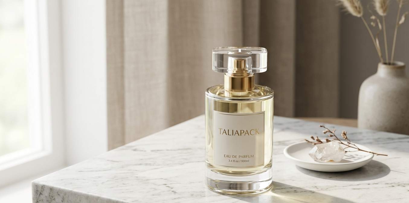 botol parfum premium dengan desain minimalis dan pencahayaan mewah