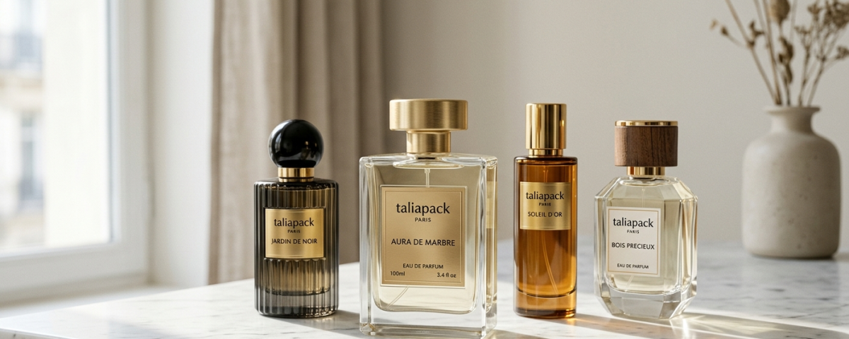 Botol parfum premium elegan dengan desain minimalis di atas marble