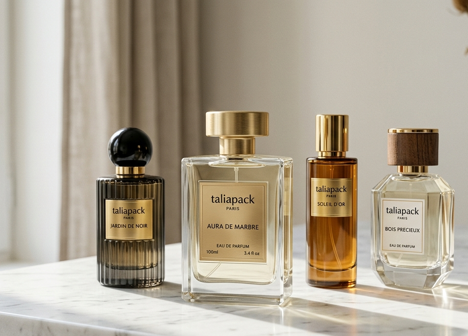 Botol parfum premium elegan dengan desain minimalis di atas marble