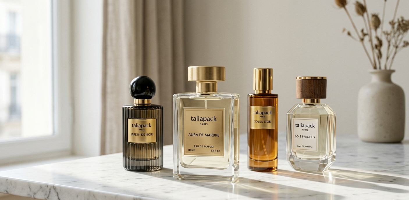 Botol parfum premium elegan dengan desain minimalis di atas marble