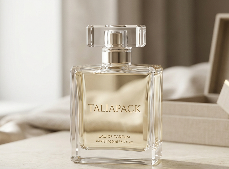 botol parfum mewah kaca premium dengan desain minimalis elegan di latar studio soft lighting