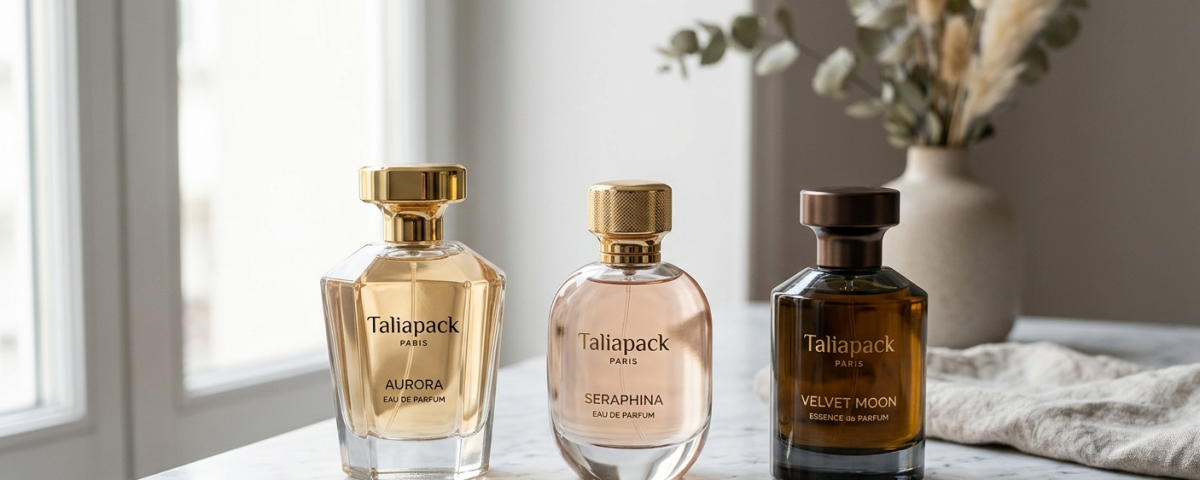 Botol parfum premium dengan desain elegan di atas marmer dengan pencahayaan lembut