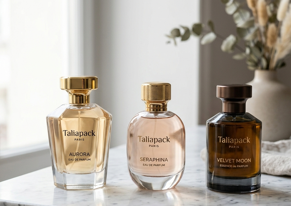 Botol parfum premium dengan desain elegan di atas marmer dengan pencahayaan lembut