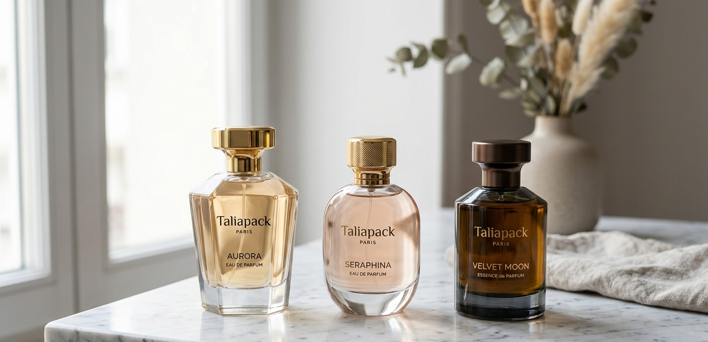 Botol parfum premium dengan desain elegan di atas marmer dengan pencahayaan lembut