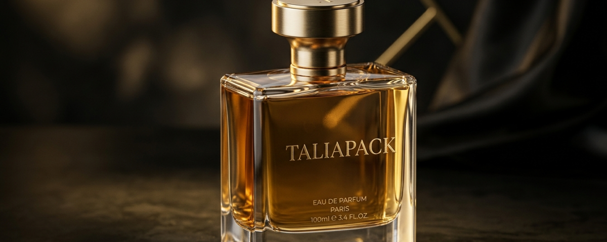 botol parfum premium elegan dengan desain kaca tebal dan pencahayaan mewah