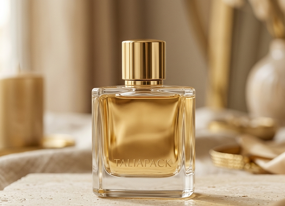 botol parfum kaca premium dengan desain elegan dan pencahayaan mewah