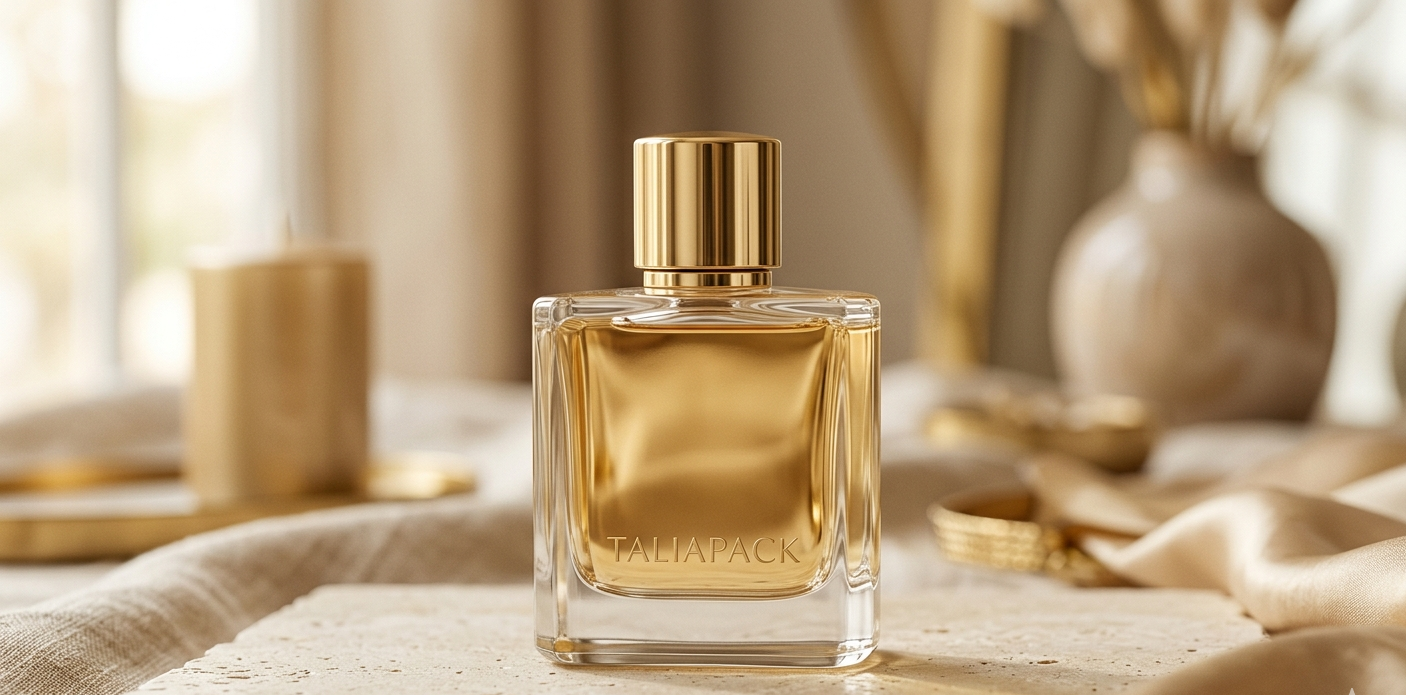botol parfum kaca premium dengan desain elegan dan pencahayaan mewah
